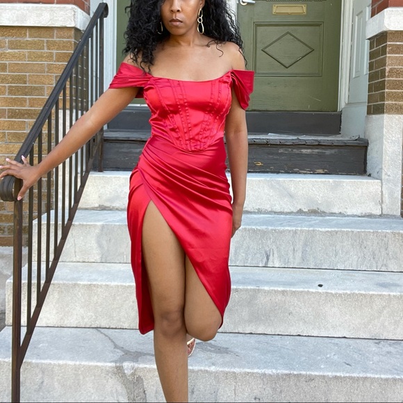 Red Satin Off the Shoulder Dress with Thigh Split - Picture 4 of 14